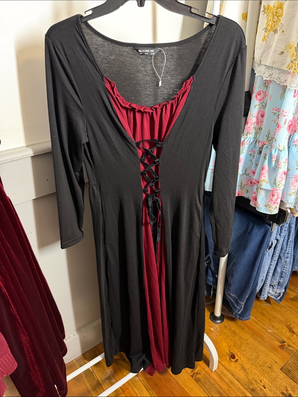 Bloomchic Black and Burgundy Lace-Up Long Sleeve Dress